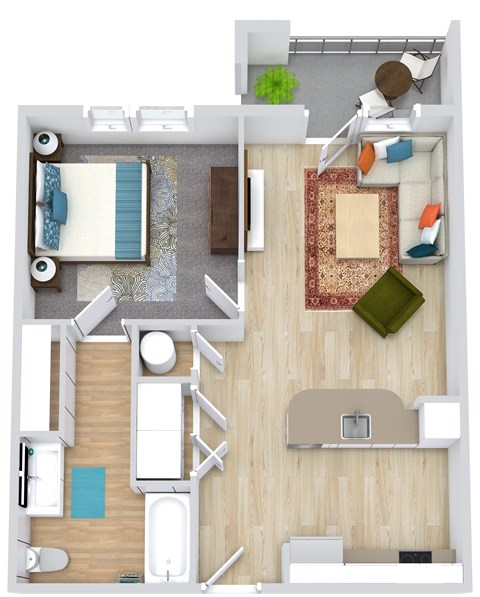 Floor plan for 1 bed, 1 bath, 675 sqft